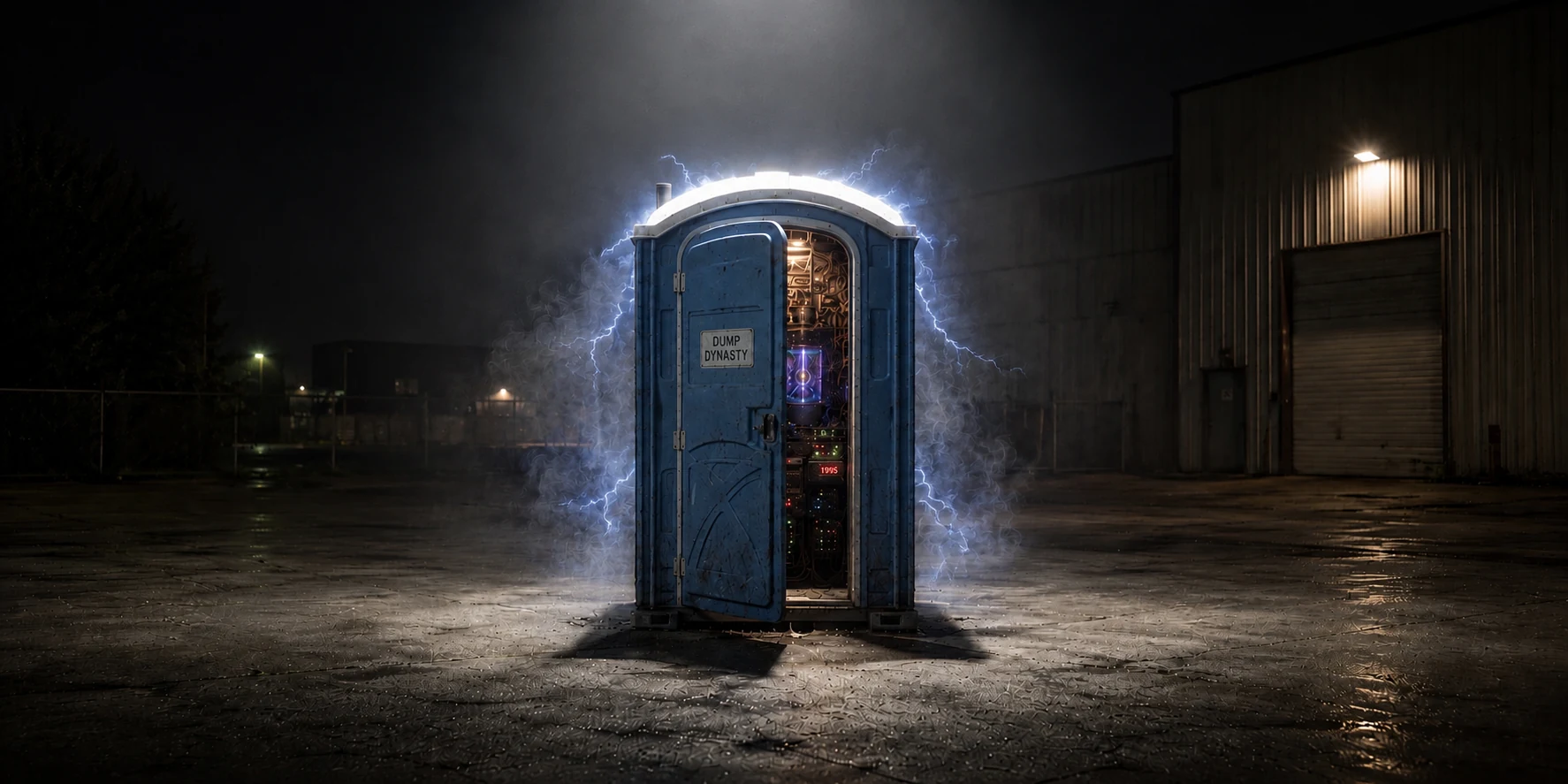 A blue portable toilet labeled Dump Dynasty, surrounded by electricity outside a warehouse at night, with glowing electronics visible inside.